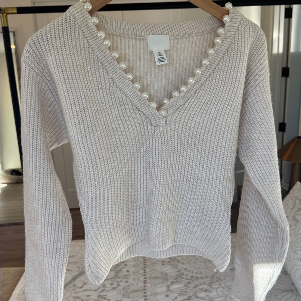 H&M Cream V-Neck Sweater with Pearl Accents